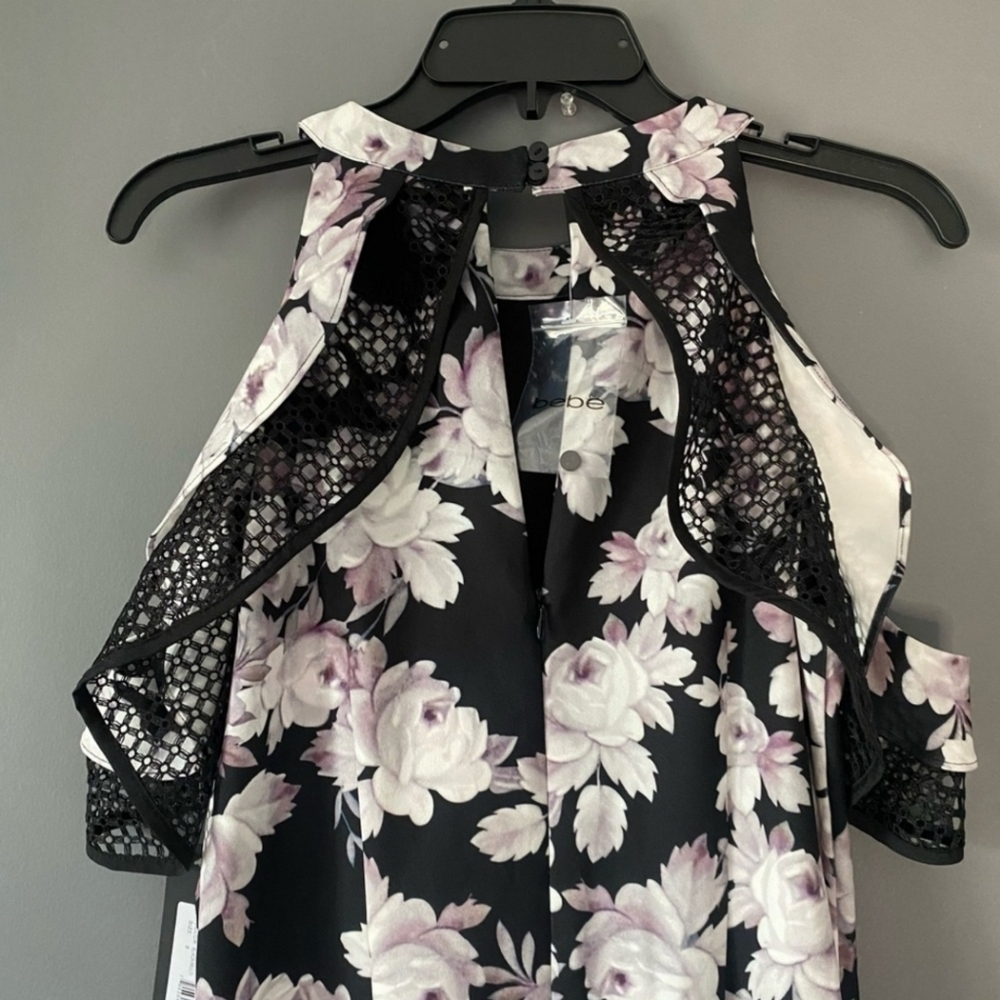 Bebe 8 Black & Pink Floral Mini cocktail dress Cold Shoulder Ruffle - Picture 8 of 16